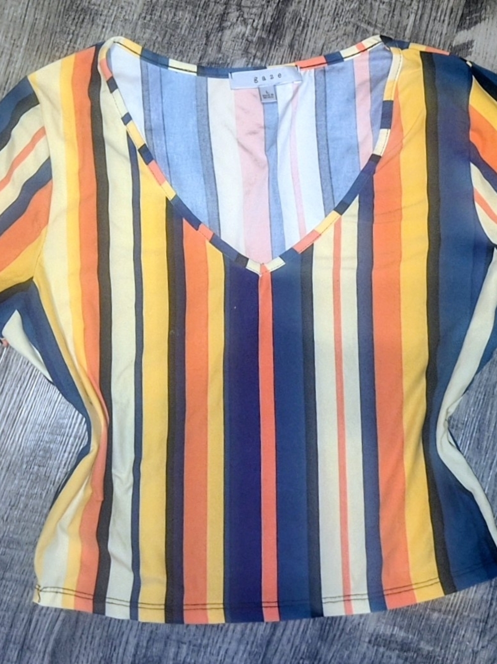 Gaze Striped V-Neck Blouse in Yellow, Navy & Orange